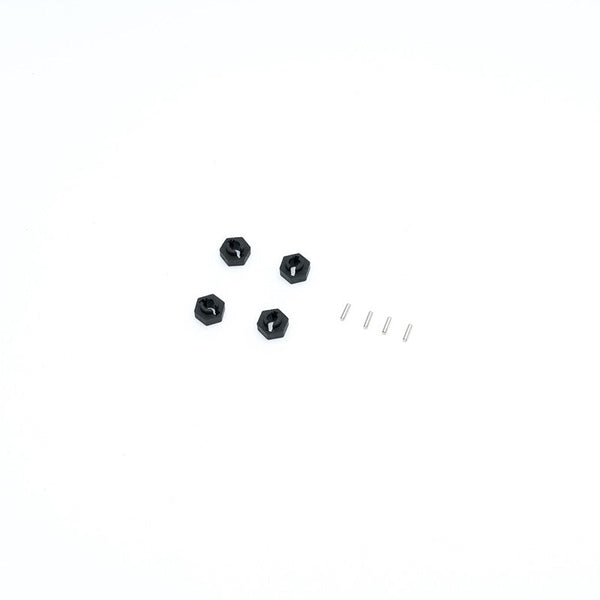 Black hex wheel adapters and pins for RC vehicle wheels