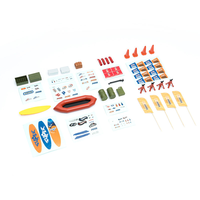 Assorted RC decoration set with flags, cones, surfboards, and detailed stickers