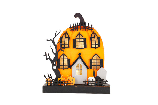 Halloween Wooden Lighted Pumpkin House Decoration